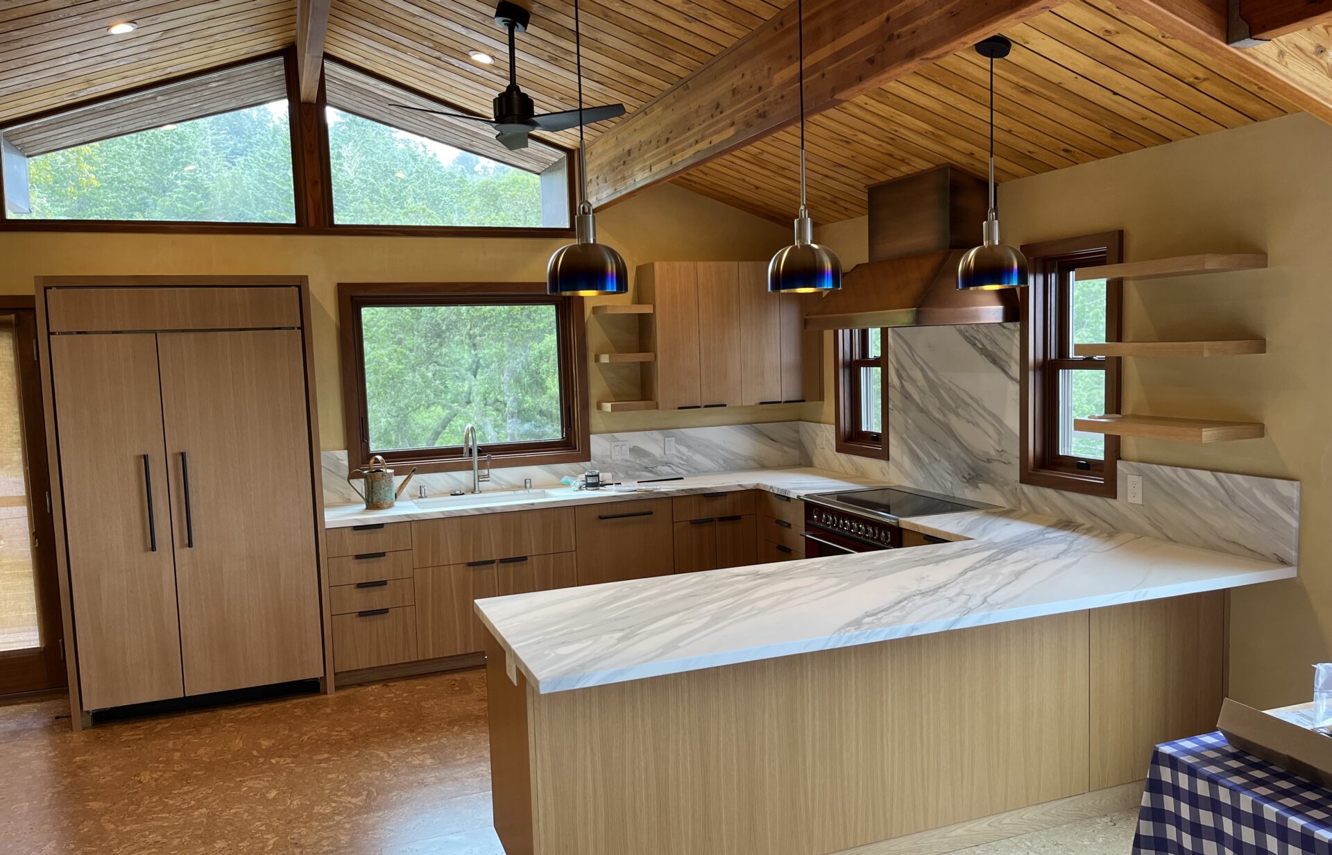 Kitchen remodel with fan.